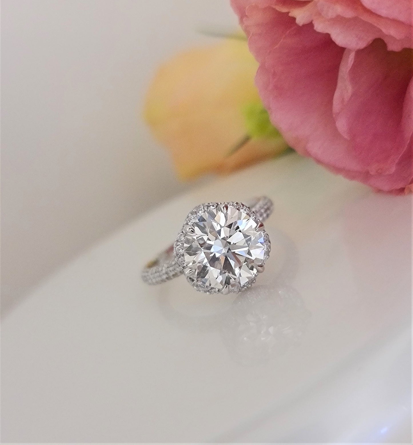 3.0 CT Round Hidden Halo CVD F/VS1 Diamond Engagement Ring