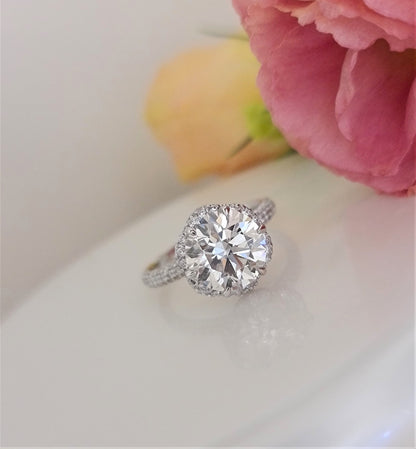 3.0 CT Round Hidden Halo CVD F/VS1 Diamond Engagement Ring